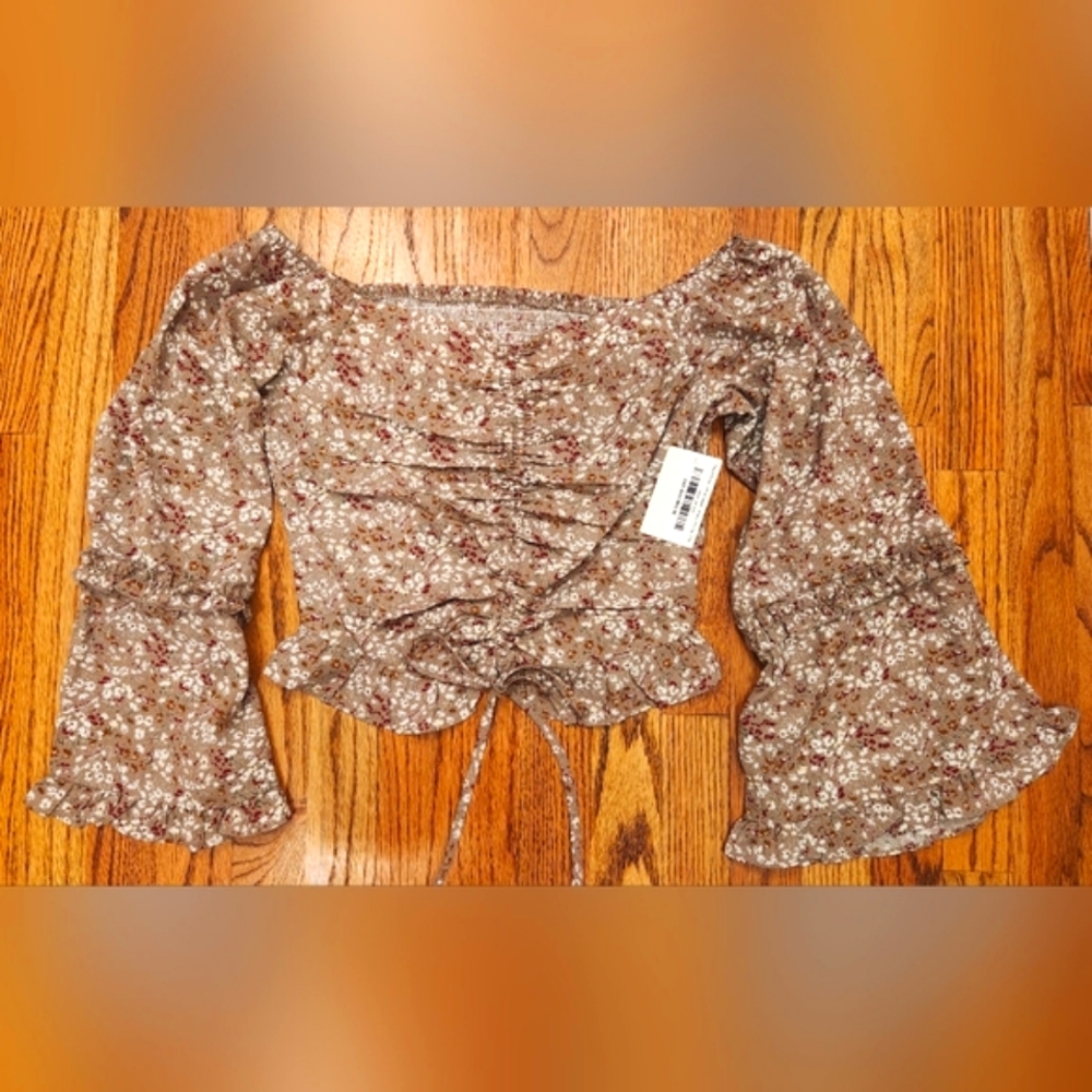 Women Brown Floral Print Off Shoulder Ruched Crop Top